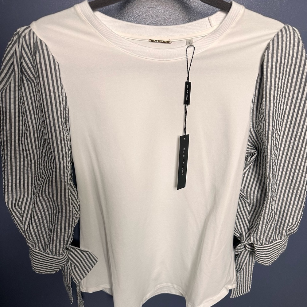 ELIE TAHARI Stripe Puff Tie Sleeve  White Stretch Top Large NWT